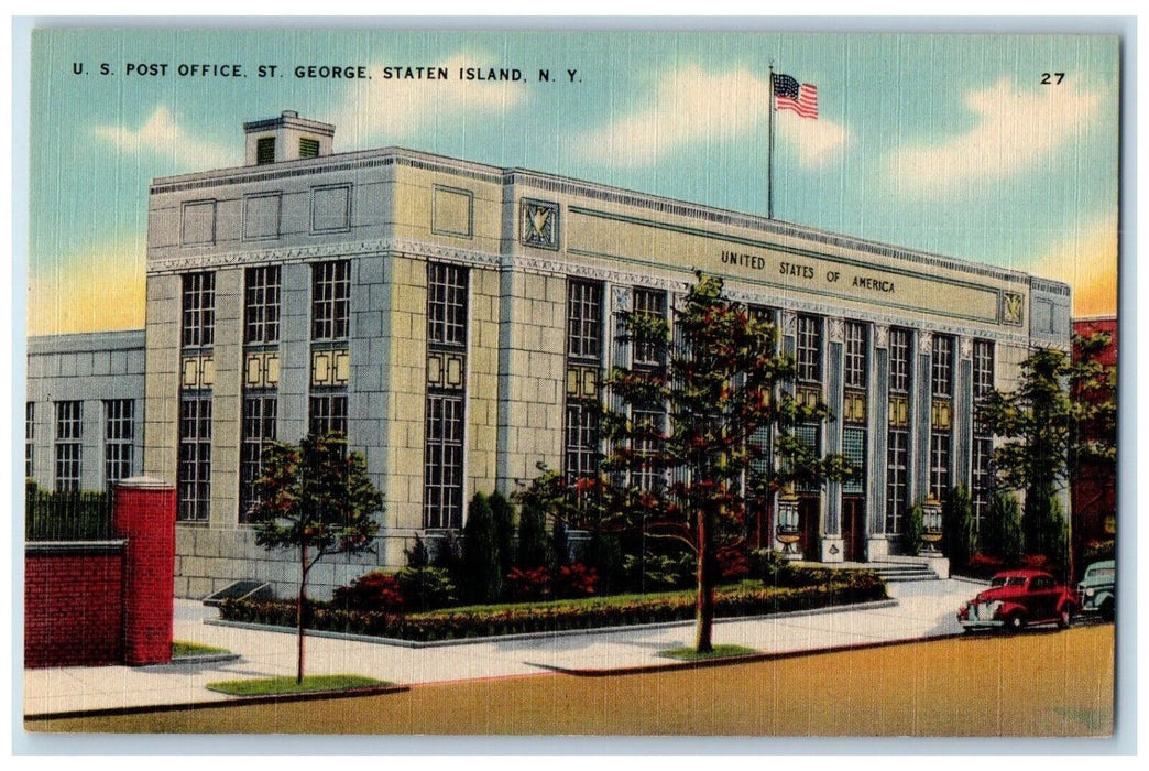 c1930's U. S. Post Office St. George Cars Staten Island New York NY Postcard