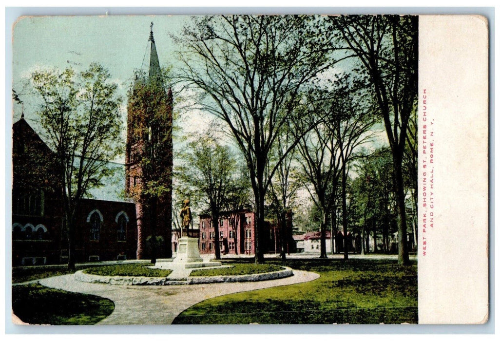 1909 West Park Showing St. Peters Church And City Hall Rome New York NY Postcard