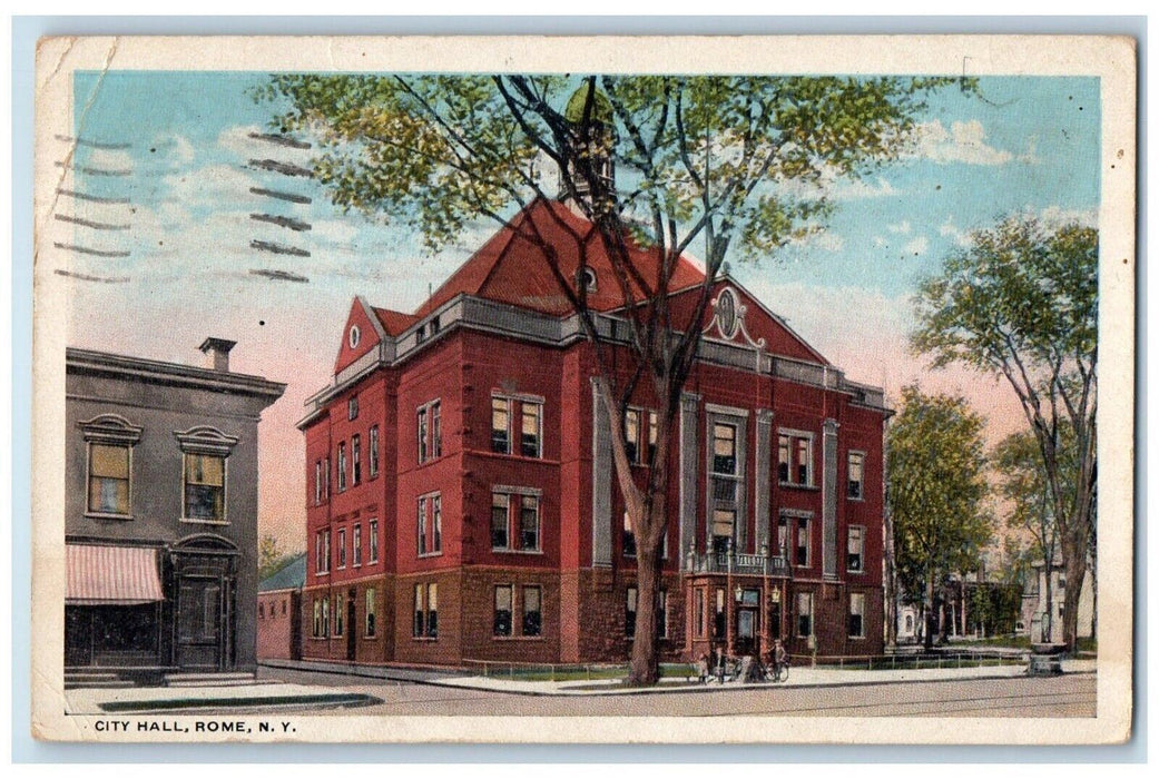 1918 City Hall Building Store Bicycle Street View Rome Oneida NY Posted Postcard