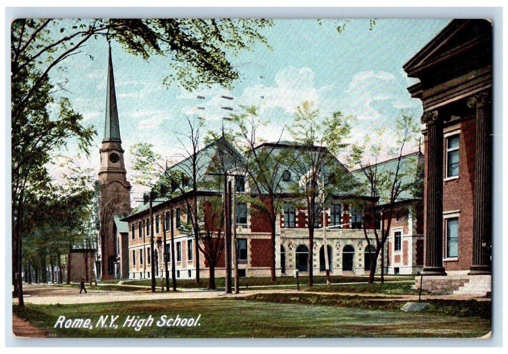 1910 High School Building Tower Clock Rome New York NY Antique Posted Postcard