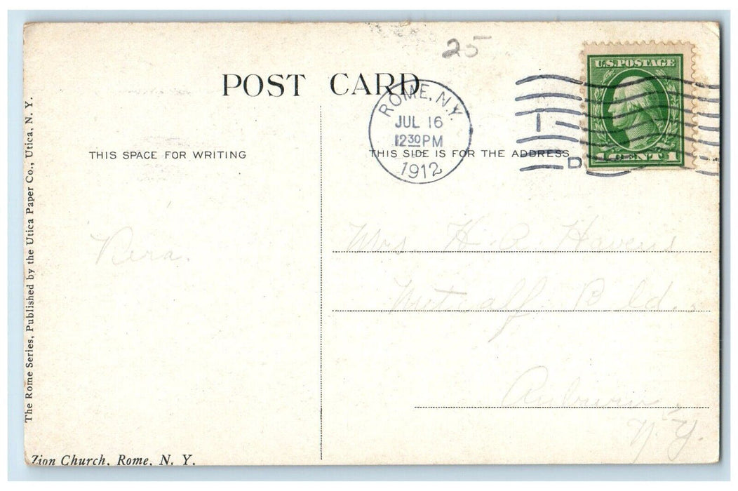 1912 Zion Church And Trees Scene Street Rome New York NY Antique Posted Postcard