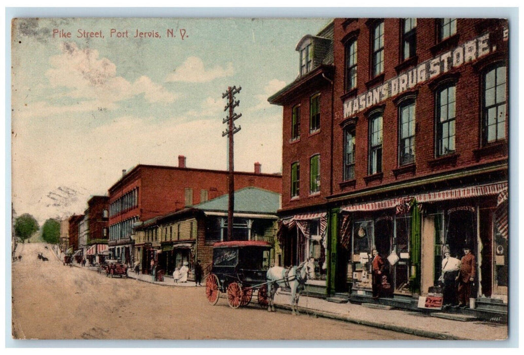 1916 Pike Street View Manson Drug Store Horse Buggy Port Jervis NY Postcard