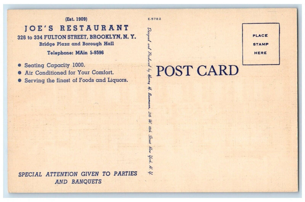 c1940's Brooklyn's Famous Eating Place Joe Restaurant Brooklyn NY Postcard