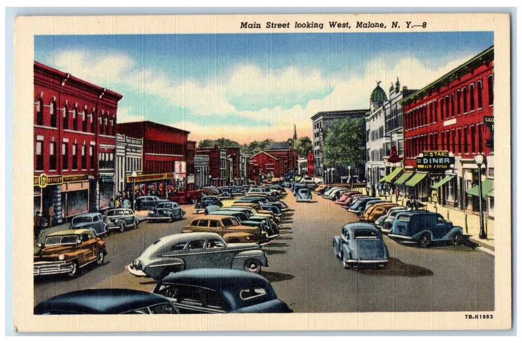 c1940's Diner Ice Cream Main Street Looking West Malone New York NY Postcard