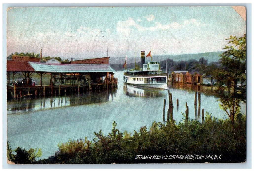 c1910's Steamer Penn Yan Entering Dock Penn Yan New York NY Antique Postcard