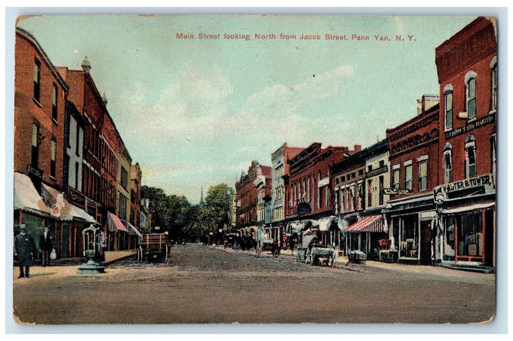 1908 Main Street Looking North From Jacob Street Stores Penn Yan NY Postcard