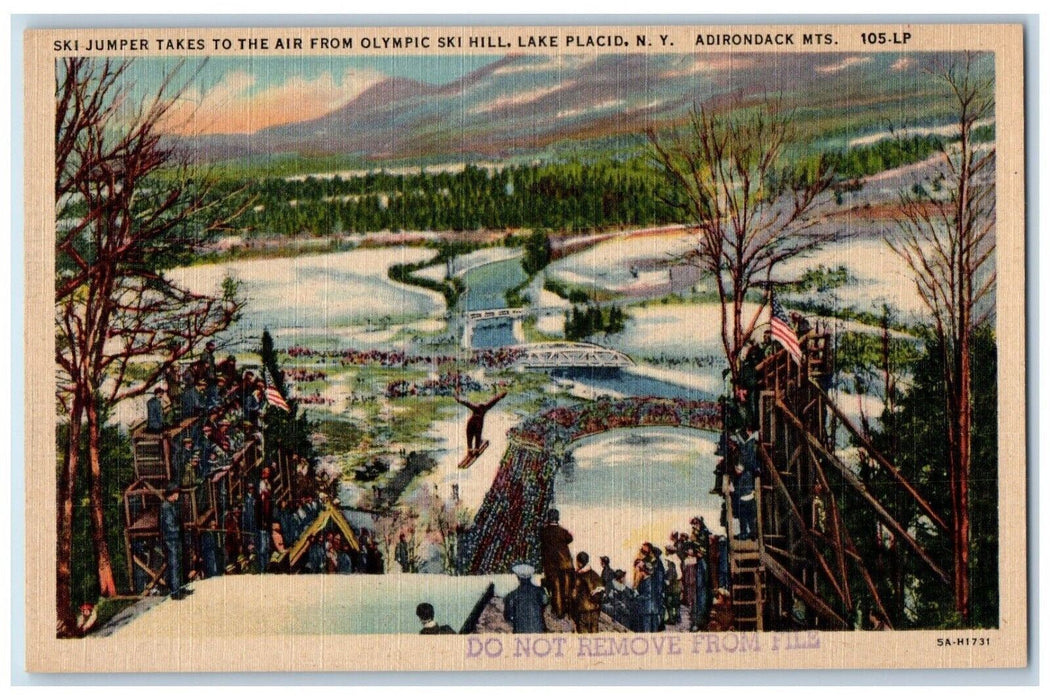 c1940's Ski Jumper Takes to the Air Olympic Ski Hill Adirondack Mts. NY Postcard