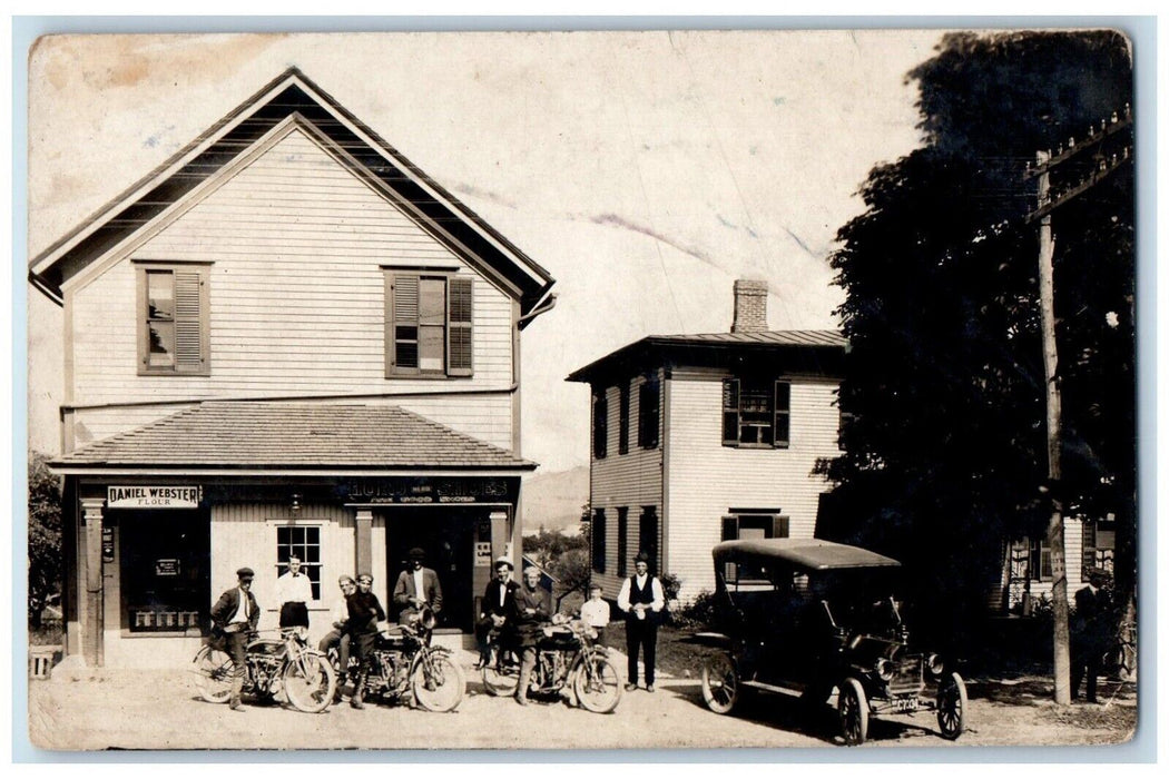 c1910's Indian Excelsior Motorcycle Hurd Shoes Flour Store RPPC Photo Postcard