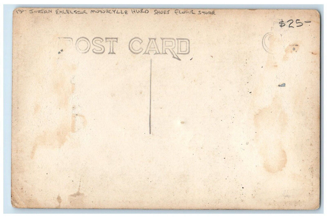 c1910's Indian Excelsior Motorcycle Hurd Shoes Flour Store RPPC Photo Postcard
