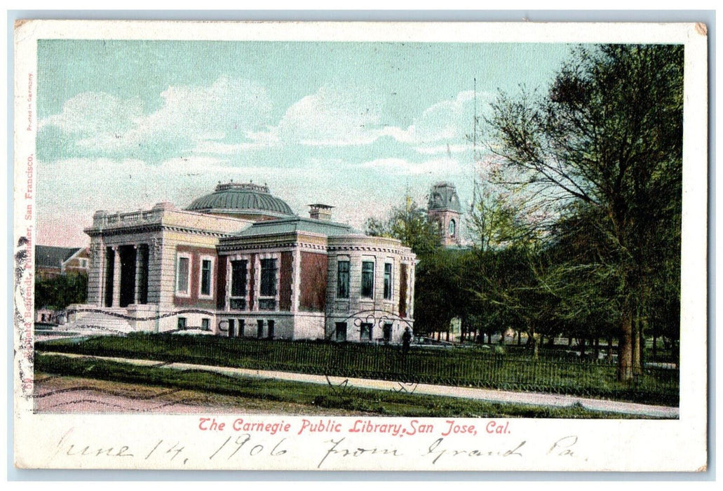 1906 The Carnegie Public Library San Jose California CA Posted Postcard