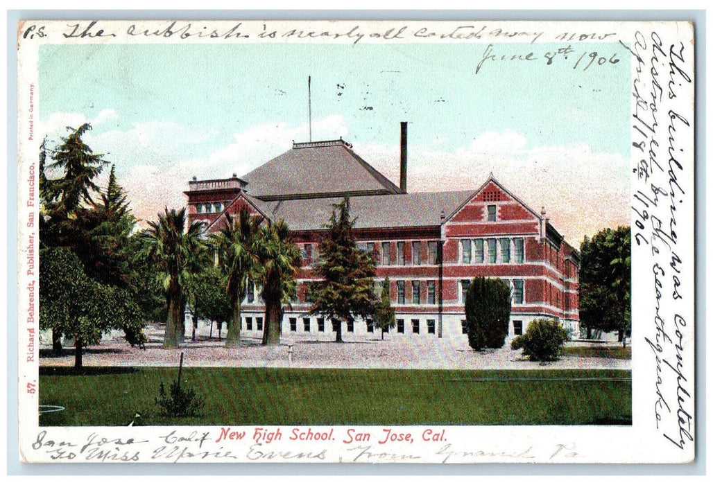 1906 New High School San Jose California CA Posted Antique Postcard