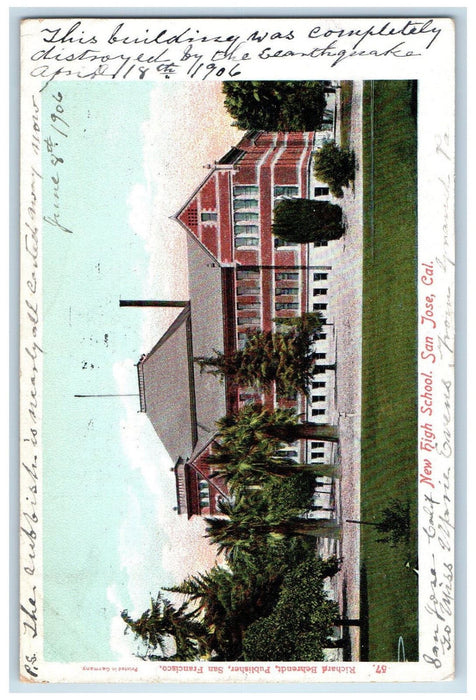 1906 New High School San Jose California CA Posted Antique Postcard