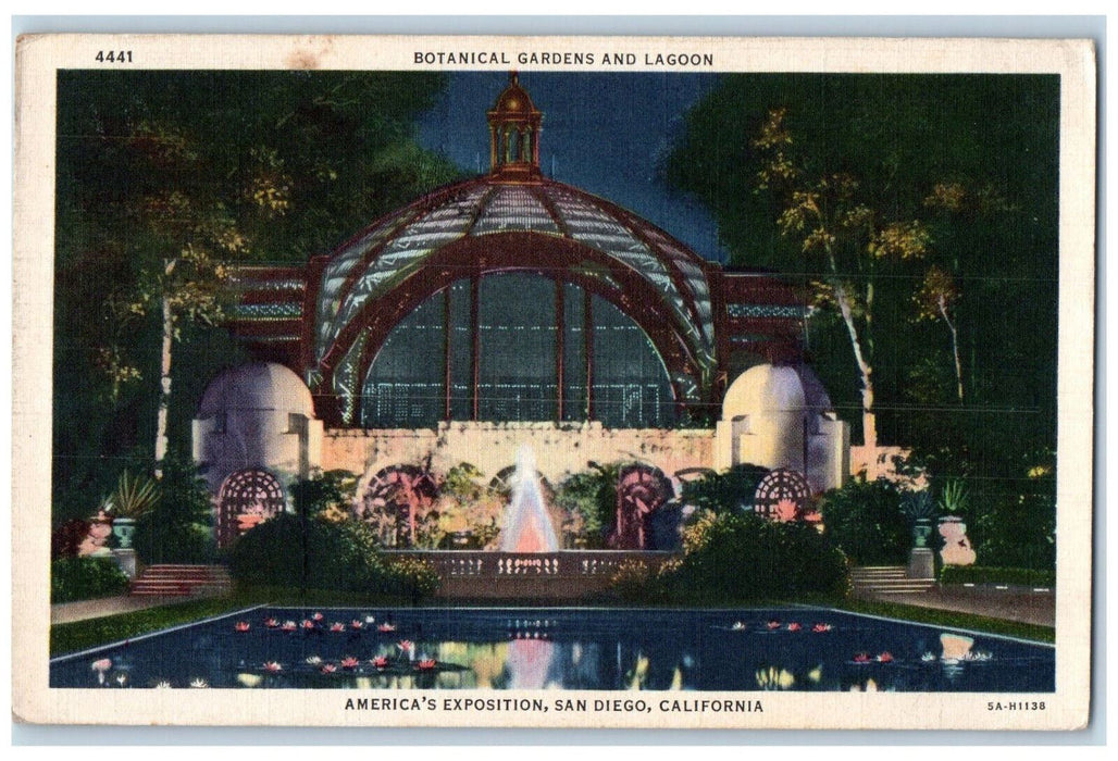 1936 Botanical Gardens and Lagoon America's Exposition San Diego CA Postcard