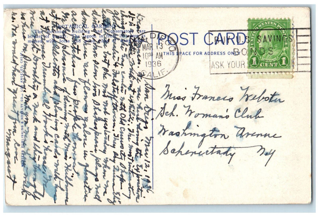 1936 Botanical Gardens and Lagoon America's Exposition San Diego CA Postcard