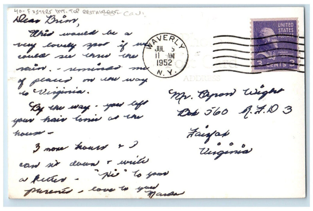 1952 Waverly Hill Fosters Mt. Top Restaurant Waverly NY RPPC Photo Postcard