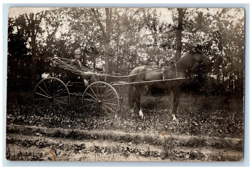 1910 Boy Riding Horse And Wagon Cerro Gordo Illinois IL RPPC Photo Postcard