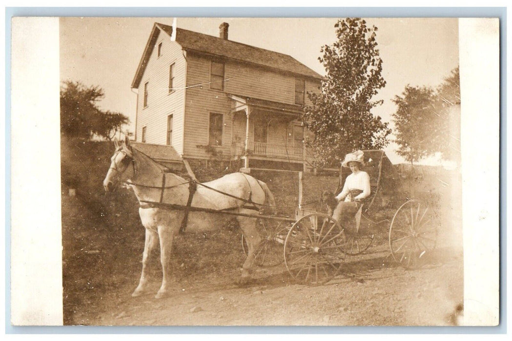 c1910's Girl Riding Horse Buggy Wagon Dog Dirt Road RPPC Photo Antique Postcard