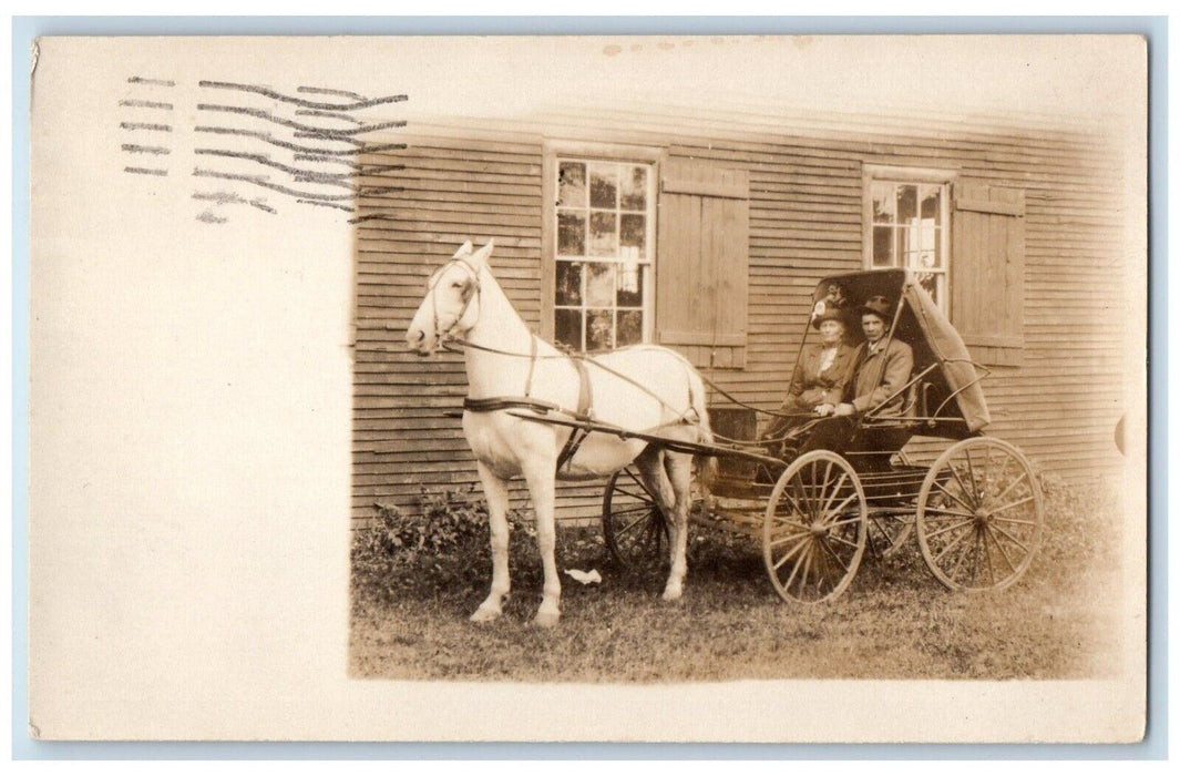 c1910's Grandpa And Grandma Ride Horse Buggy Malone NY RPPC Photo Postcard