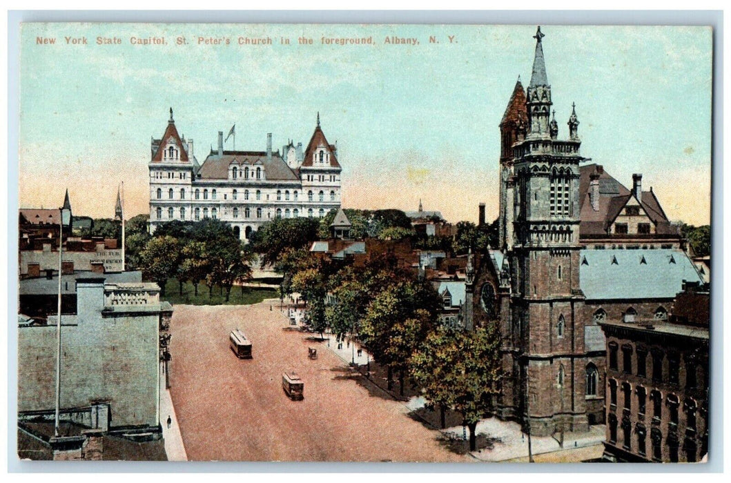 c1910 New York State Capitol St. Peters Church BusForeground Albany NY Postcard