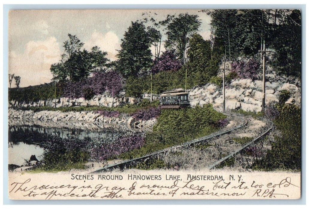1909 Scenes Around Hanowers Lake Streetcar Flowers Amsterdam New York Postcard