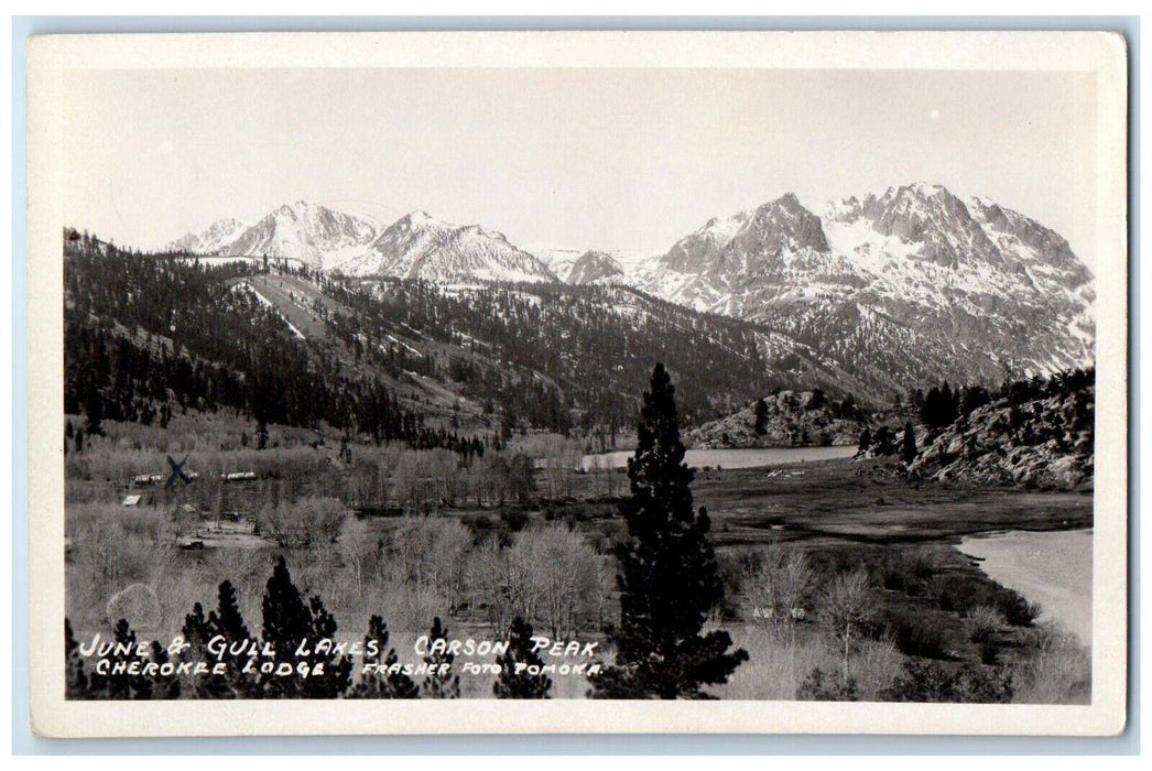 c1940s June Gull Lakes Carson Peak Cherokee Lodge Frasher CA RPPC Photo Postcard