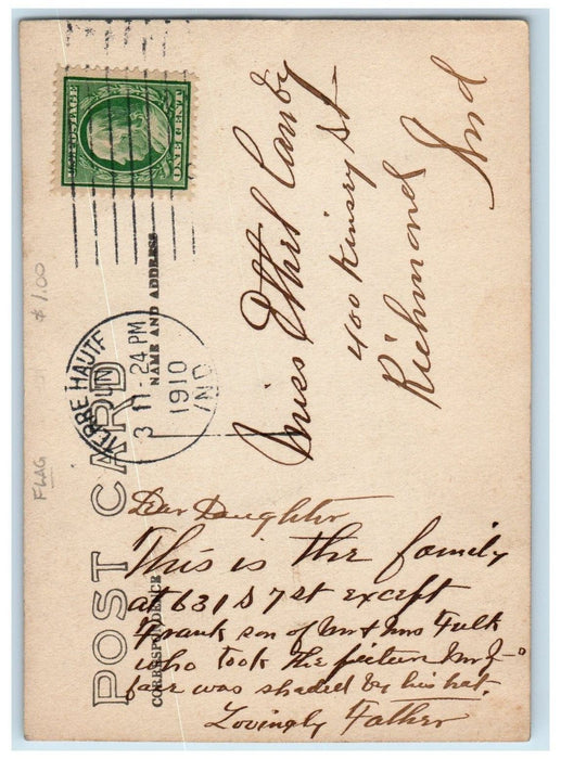 1910 Family On Porch Child Flag Patriotic Terre Haute IN RPPC Photo Postcard