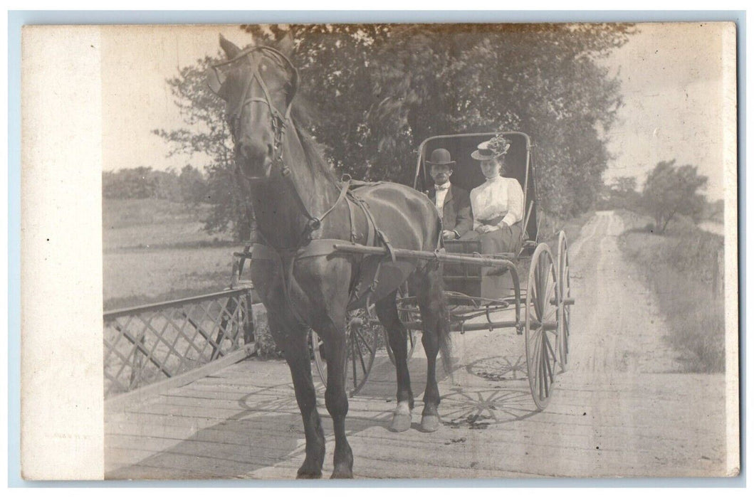 c1910's Well Dressed Man Woman Horse Wagon Bridge RPPC Carriage Photo Postcard