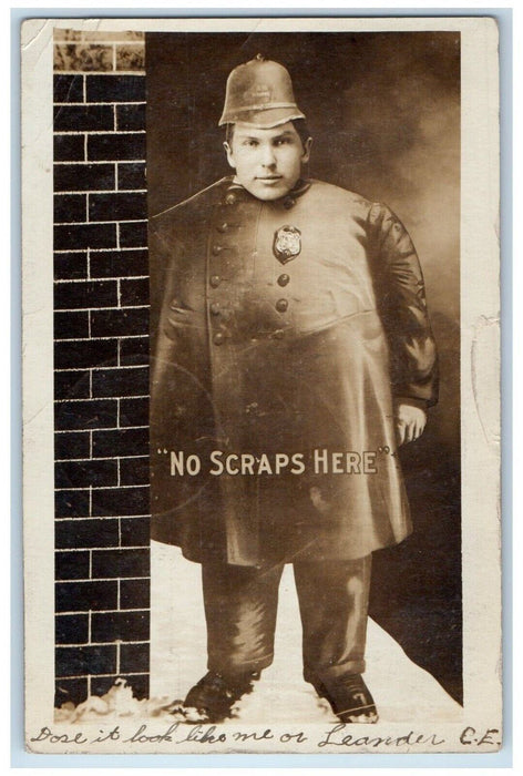 1908 "No Scraps Here" Policeman Caricature Hartford MI RPPC Photo Postcard