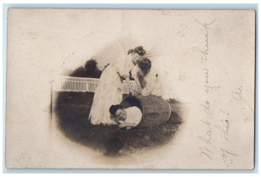 1906 Barrel O' Fun Candid Women Funny Fence Sardinia Ohio OH RPPC Photo Postcard