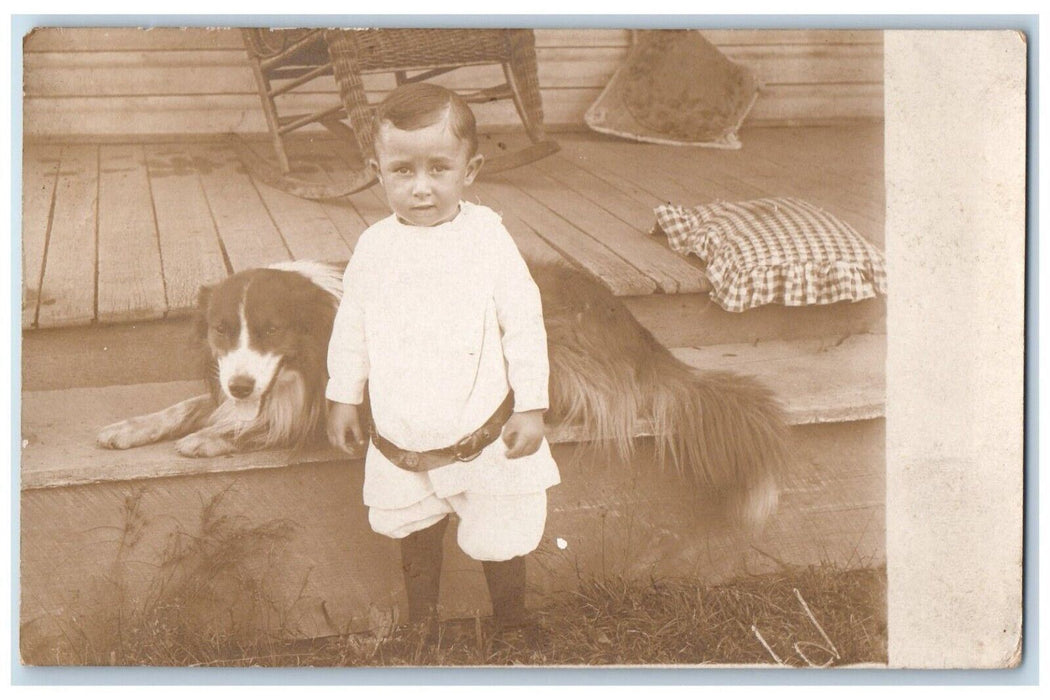 c1910's Child Collie Dog Porch Rocking Chair RPPC Sheep Dog Photo Postcard