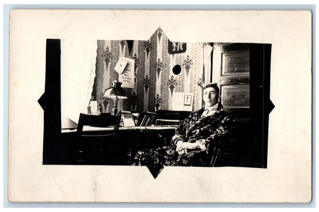 1913 Home Interior Desk Man Robe Lafayette IN RPPC College Dorm Photo Postcard