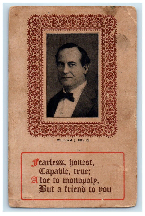 1908 "Foe to Monopoly" William Bryan Political Advertising Posted Postcard