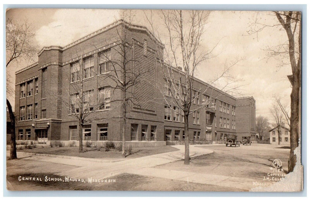 1936 Central School Building Car Wausau Wisconsin WI RPPC Photo Vintage Postcard