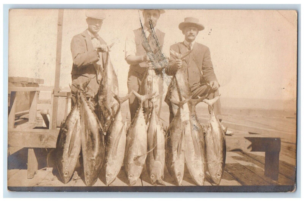 1908 Fishing Tuna Catch Fishermen Long Beach California CA RPPC Photo Postcard