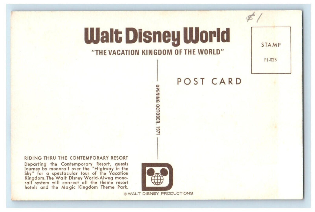 1971 Pre Opening Walt Disney World Monorail Contemporary Resort Concept Postcard