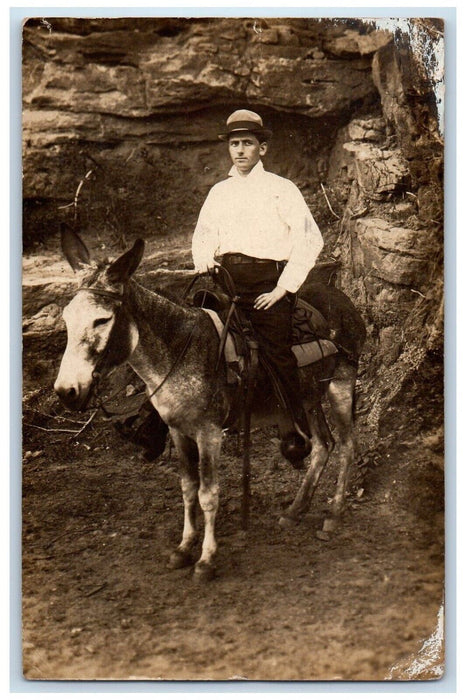 c1910's Boy Ride Donkey Mineral Wells Texas TX RPPC Photo Antique Postcard