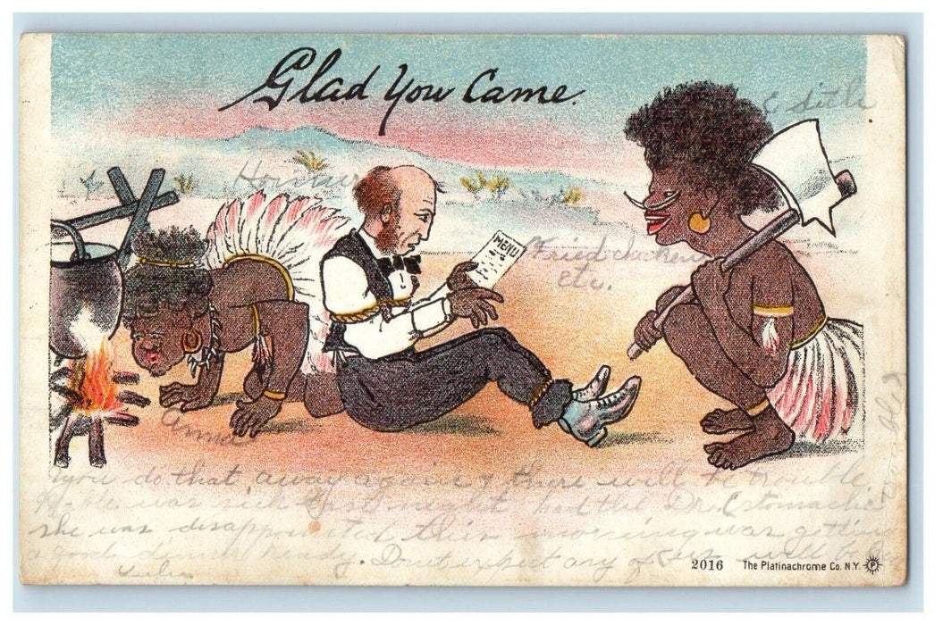 1906 "Glad You Came" African Tribe Axe Cooking Dinner Menu Write Away Postcard