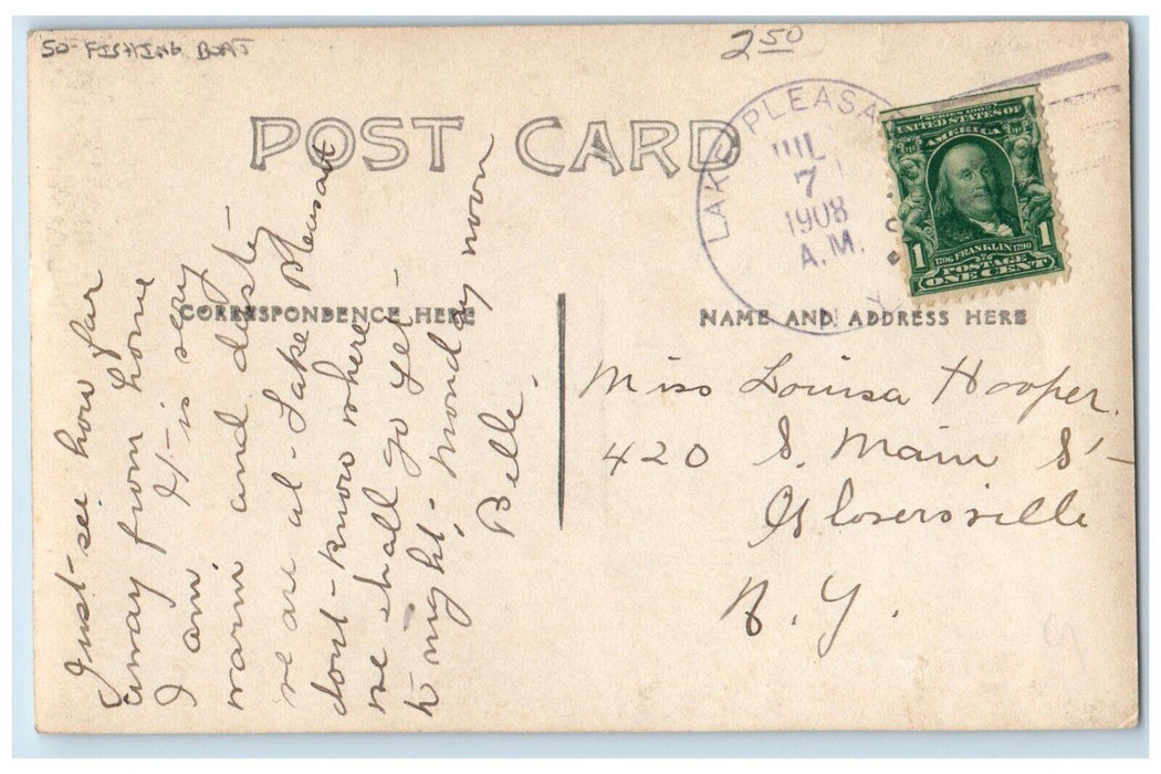 1908 Jessup River Near Lake Pleasant NY, Fishing Boat RPPC Photo Posted Postcard