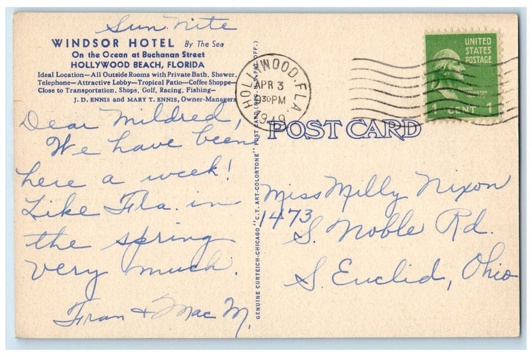 1949 Windsor Hotel By The Sea Hollywood Beach Florida FL Posted Postcard