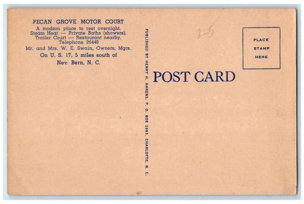 c1940's Pecan Grove Motor Court New Bern North Carolina NC Postcard