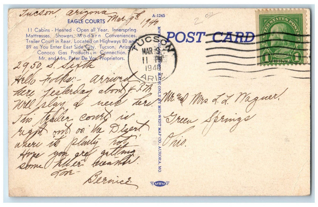 1940 Eagle Courts Highways 80 and 89 East Side Tucson Arizona AZ Postcard