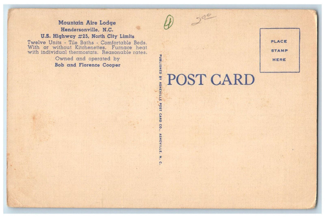 c1940's Mountain Aire Lodge Hendersonville North Carolina NC Unposted Postcard