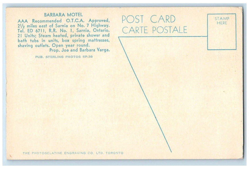 c1950's Barbara Motel Steam Heated Sania Ontario Canada Unposted Postcard