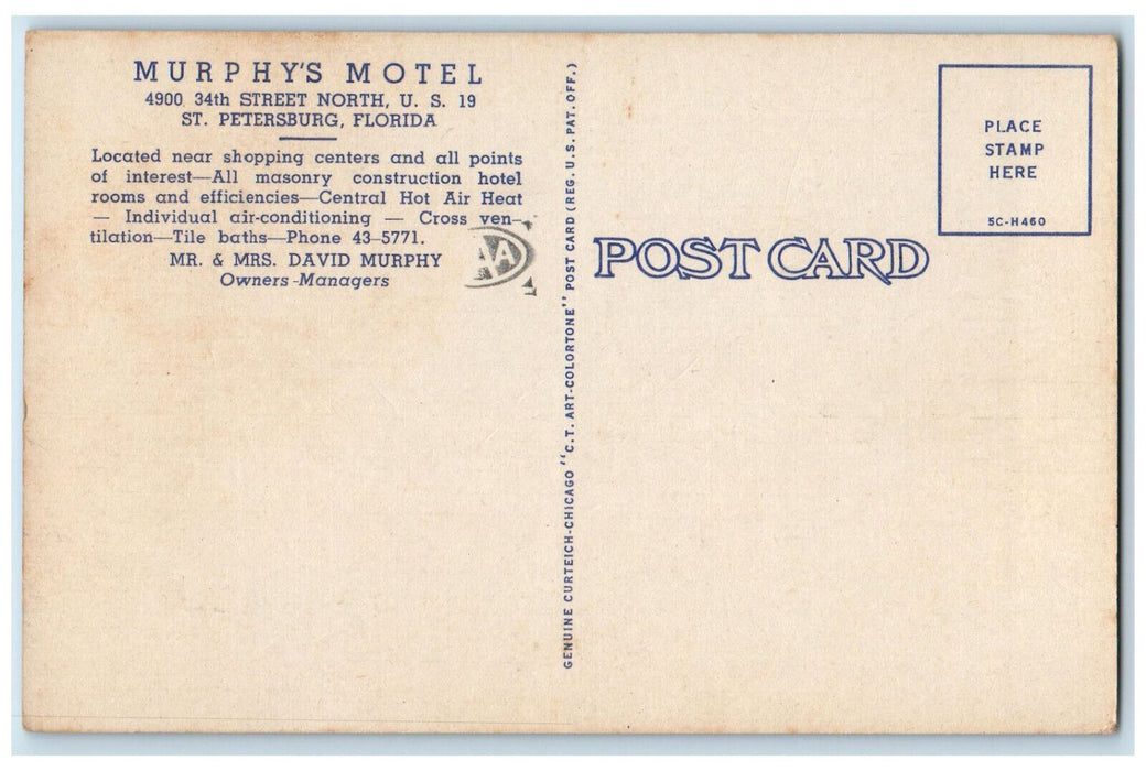 c1950's Murphy's Motel on the Skyway Route St. Petersburg FL Unposted Postcard