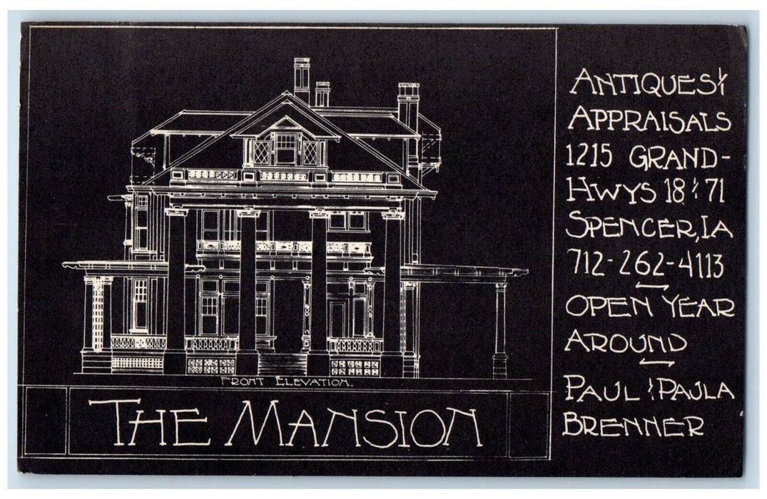 1985 Front Elevation The Mansion Antiques Appraisals Spencer Iowa IA Postcard