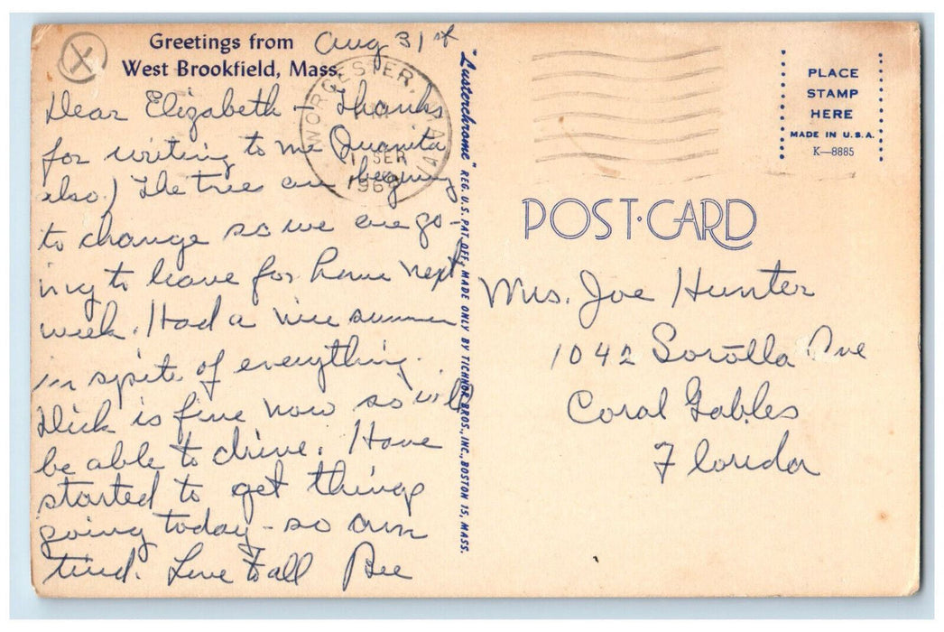 1968 Road Scene Greetings from West Brookfield Massachusetts MA Postcard