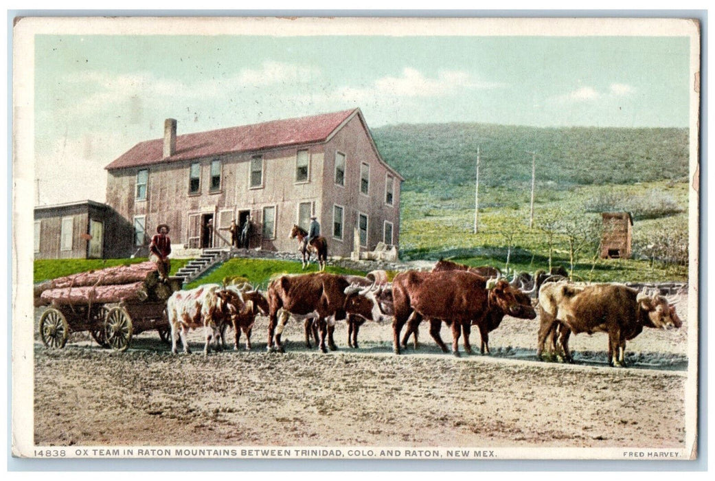 1911 Ox Team Raton Mountains Trinidad Colo Phostint Fred Harvey RPO Postcard