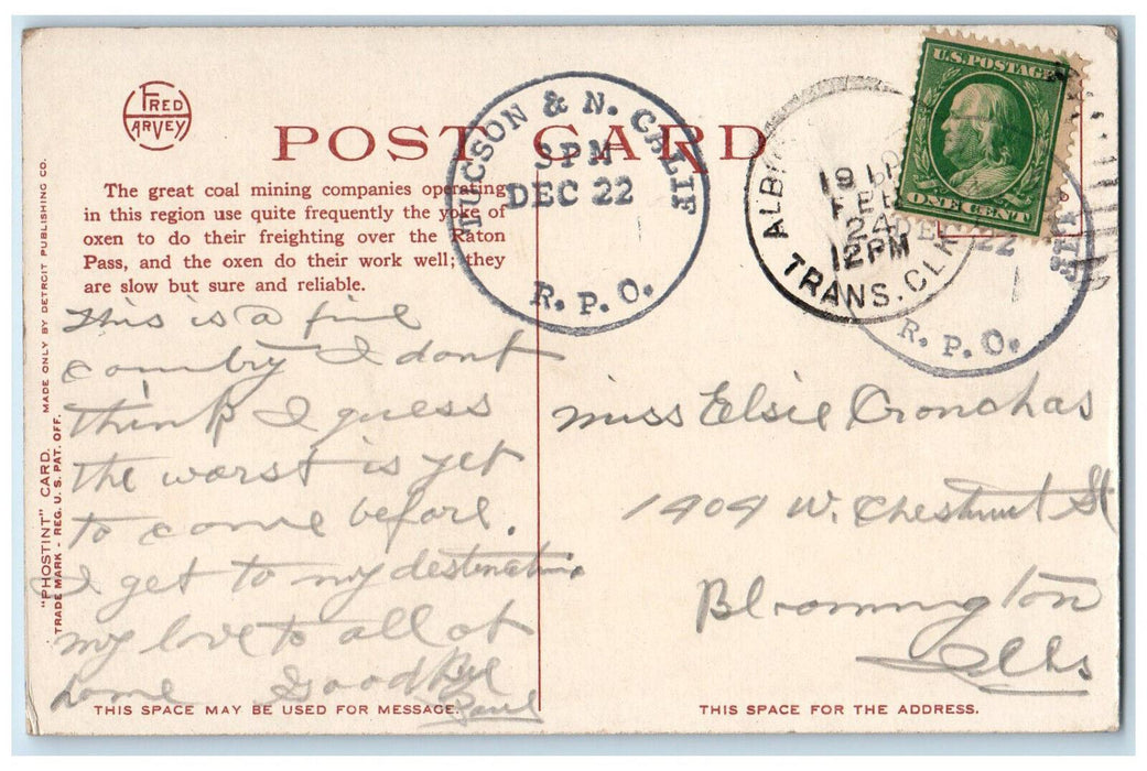 1911 Ox Team Raton Mountains Trinidad Colo Phostint Fred Harvey RPO Postcard