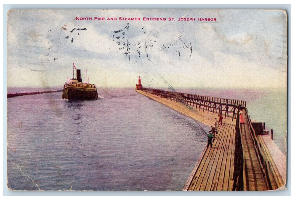 1910 North Pier and Steamer Entering St. Joseph Harbor Michigan MI Posted