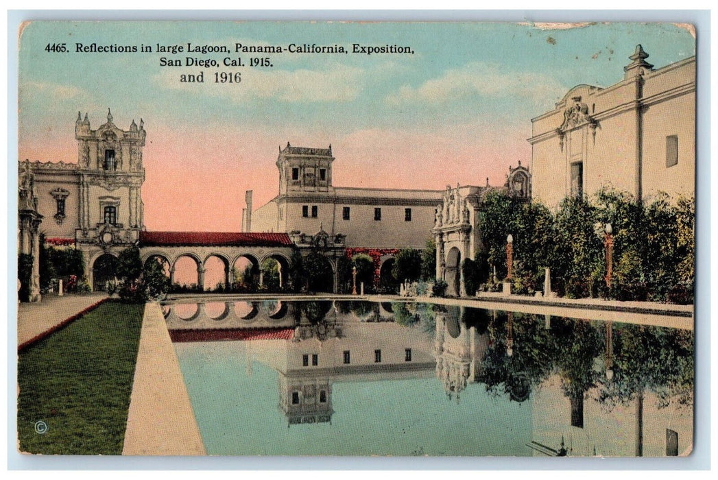 1915 Reflections in Large Lagoon Panama-California Exposition CA Postcard